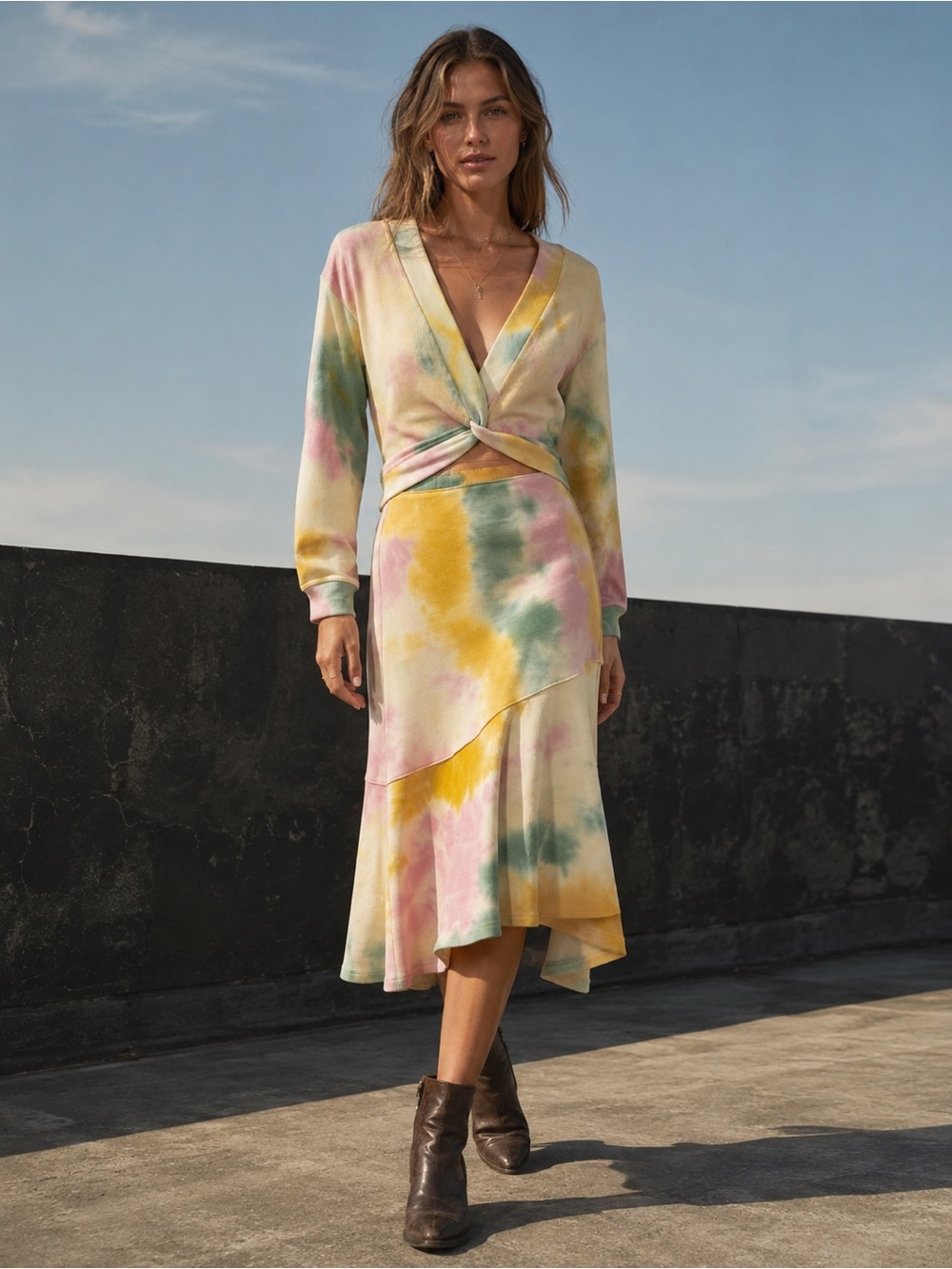 Current Air NWT Pastel Tie Dye Sweater Midi Skirt Two Piece Set, Size S